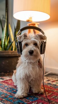 Cute dog in noise cancelling headphones