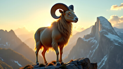 A golden ram standing on a mountaintop as a symbol