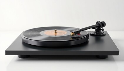 Turntable vinyl record player on pristine white backdrop, dj, disc, equipment