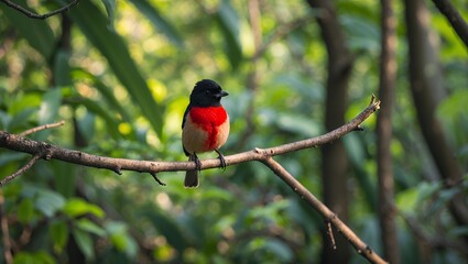 Naklejka premium Vibrant bird rests on a branch in a lush, green forest