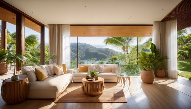 serene interior featuring spacious living area with natural light wooden furniture and tropical view design emphasizes comfort and relaxation in modern style
