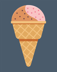 Double ice cream waffle horn, vector