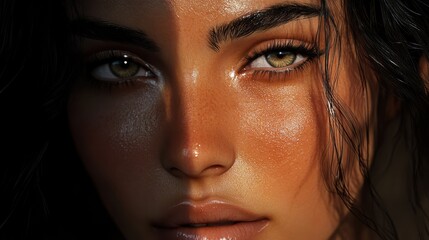 Fototapeta premium Radiant Beauty: Captivating portrait of a woman, half-lit with sunlight, revealing striking eyes and flawless skin, embodying the essence of timeless elegance.