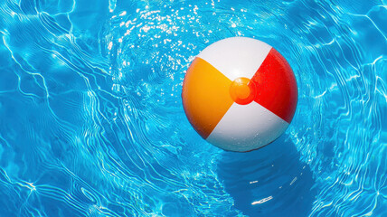 vibrant beach ball floats in sparkling blue pool, capturing essence of summer fun and family vacation activities. It perfect scene for relaxation and enjoyment