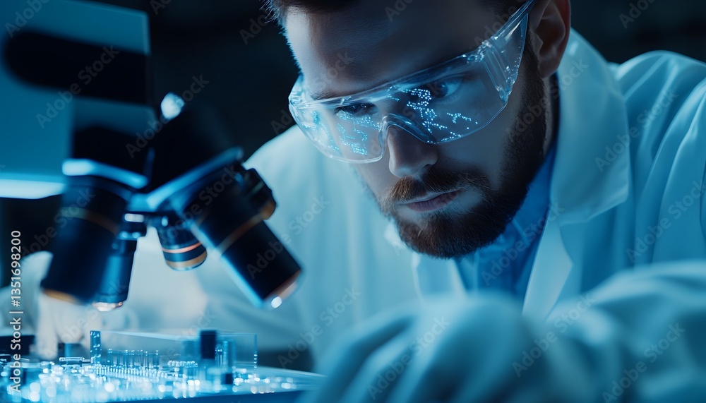 Aufkleber a focused scientist analyzes intricate components under a microscope, showcasing precision and innov