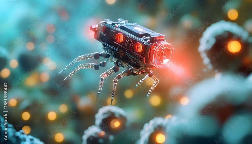 Poster a futuristic robotic device navigates through a vibrant microscopic environment, showcasing advanced
