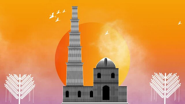 qutub minar delhi india qutub minar behind sky world delhi , unesco world heritage site, warli art seawater ,onsen graphic art illustration ,agra fort