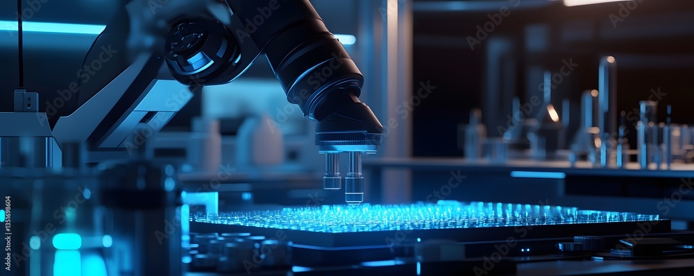 Aufkleber a high-tech laboratory scene featuring an advanced microscope analyzing samples under blue ambient l