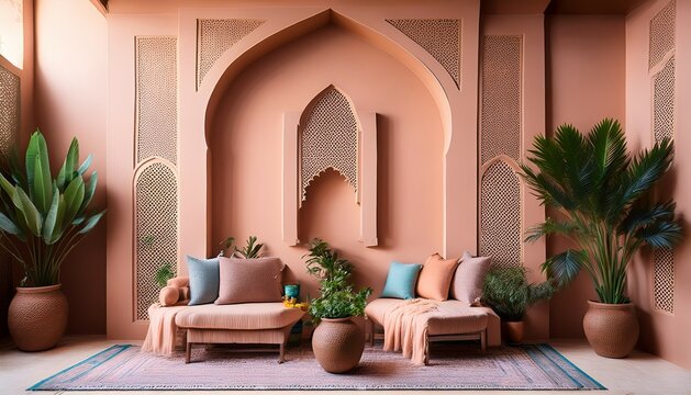 this pastel hued interior transports you to an arabian home complete with a berber style wall and lush plants that create a sense of warmth and tranquility