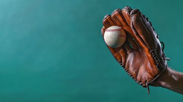 Hand in a leather baseball glove caught a ball on a green background