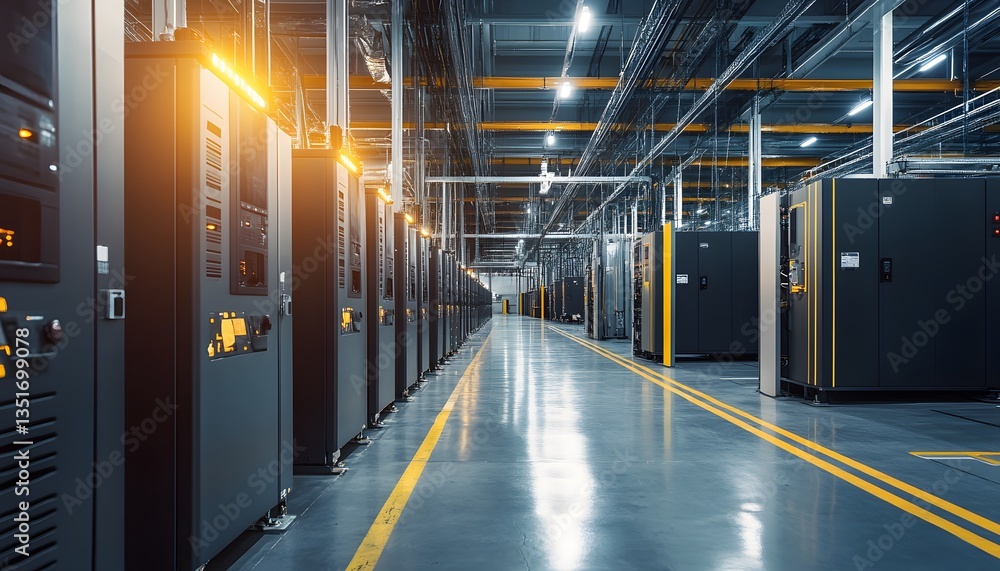 Aufkleber a modern data center with rows of server racks, illuminated by warm lights, showcasing cutting-edge 