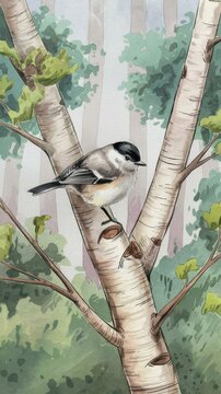 Small forest bird on a birch tree branch watercolor illustration forest nature element
