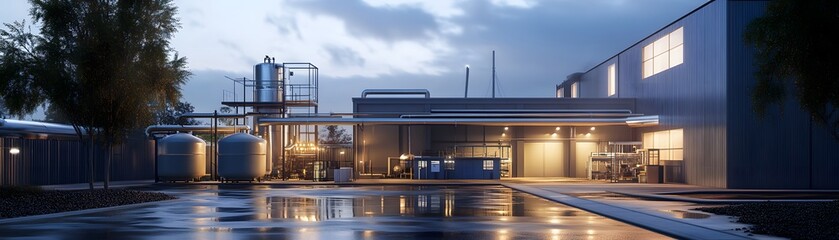A modern industrial complex illuminated at dusk, showcasing advanced facilities and equipment. The scene reflects innovation and efficiency in manufacturing.