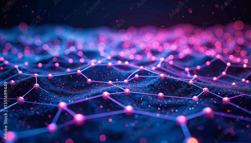 Poster a futuristic network visualization glows with vibrant pink and blue light, showcasing a complex inte