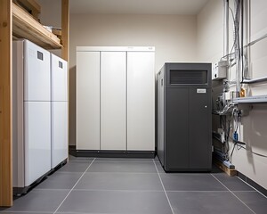 A modern utility room featuring three refrigerators, stylish cabinetry, and organized electrical wiring. The sleek design complements functional storage and energy efficiency.