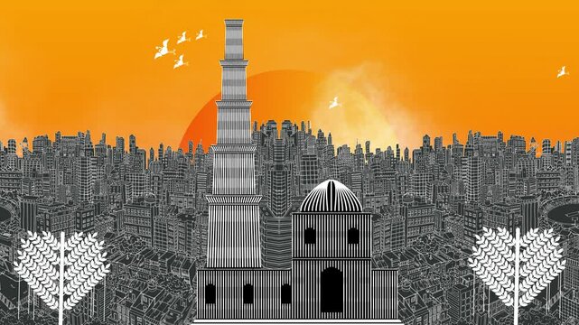qutub minar delhi india qutub minar behind city nad sky world delhi , unesco world heritage site, warli art seawater ,onsen graphic art illustration ,agra fort