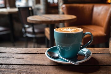 Fototapeta premium A cup of coffee in a rustic cafe setting with copy space