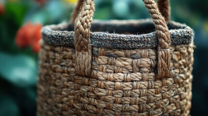 Obraz premium A close up view of a braided and woven basket with handles