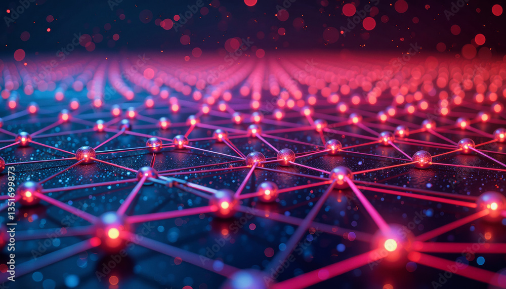 Poster a vibrant network of interconnected nodes glows with red and blue light, forming a futuristic digita