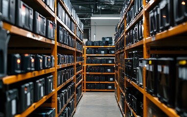 Obraz premium A neatly organized warehouse storage area filled with batteries on shelves. The setting exudes efficiency and industrial strength, highlighting inventory management.