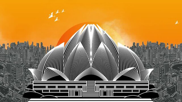  lotus temple delhi india ,lotus temple behind city delhi , unesco world heritage site, warli art sea water ,onsen graphic art illustration ,agra fort