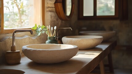 A serene bathroom scene featuring elegant stone sinks, natural light streaming through wooden windows, and minimalistic decor that promotes relaxation and tranquility.