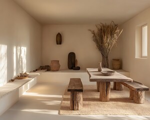 A serene minimalist interior featuring natural wooden furniture, warm sunlight casting soft shadows, and decorative plants, creating a peaceful and inviting atmosphere.