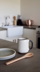 Obraz premium Kitchen countertop with copy space over blurred minimal kitchen in the background