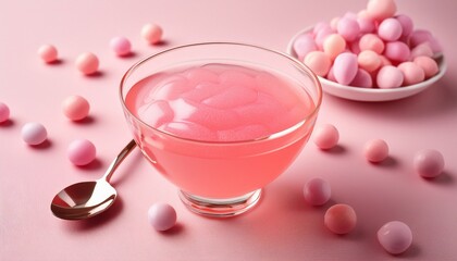 elegant glass cup with pink jelly and sugar coated candies on pastel background