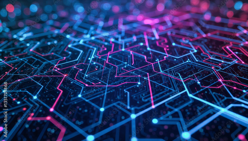 Aufkleber glowing blue and pink lines trace a complex circuit pattern across a dark, futuristic surface. graph