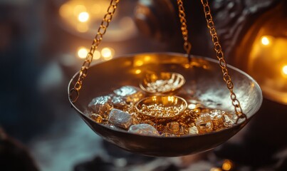 Gold and silver jewelry on golden scales