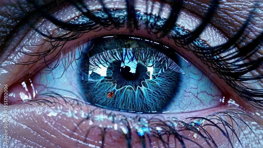 Poster close-up video shot of a blue eye with intricate details and reflections, capturing the texture and 
