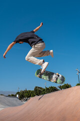 young skater wearing black tshirt skating  in a skate park in a sunny day