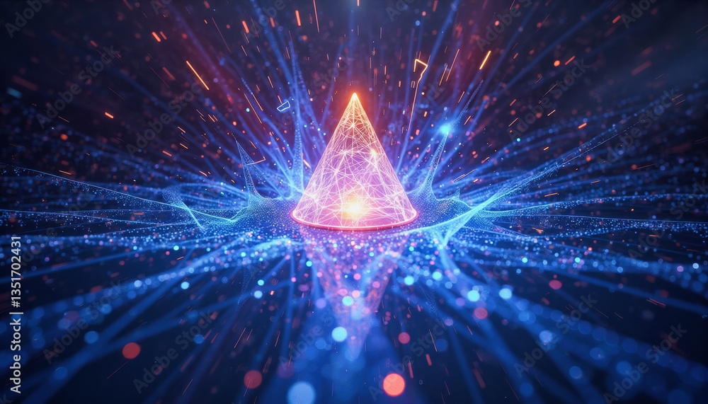Poster a glowing, futuristic pyramid radiates vibrant energy with intricate network lines extending outward
