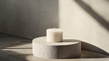 Minimalist branding setup white candle displayed on a smooth stone surface natural shadows creating depth and sophistication perfect for modern decor themes. 