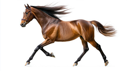 Fototapeta premium A powerful brown horse galloping gracefully on a white background, showcasing its beauty. isolated on white background.