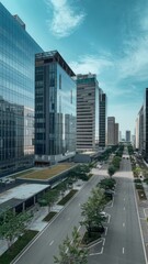 Modern city business buildings and asphalt road