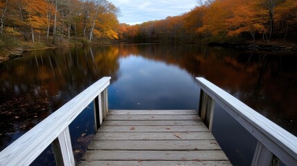 Fototapeta premium Tranquil autumnal dock over still water. Autumnal colors reflected in placid lake. Wooden dock leads into serene forest