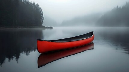 A red canoe sits in a lake on a foggy day