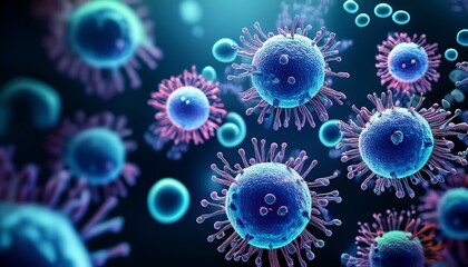 microscopic view of virus or bacteria cells medical research healthcare disease infection biology and science concepts