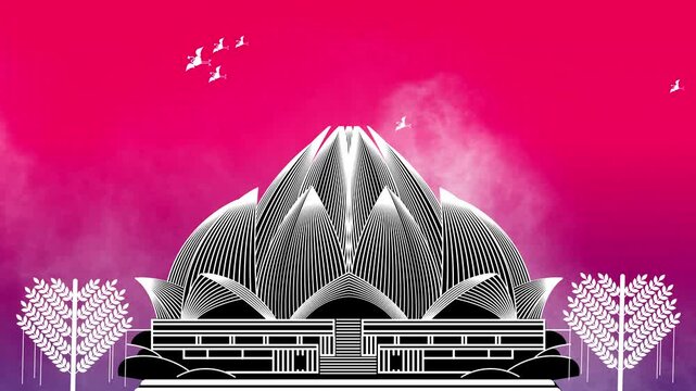  lotus temple delhi , unesco world heritage site, warli art sea water ,onsen graphic art illustration ,agra fort