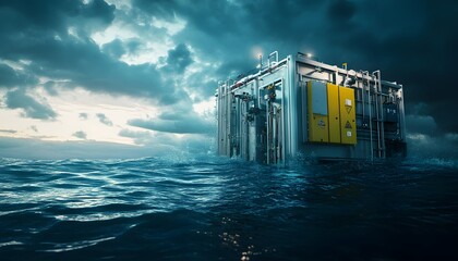 An offshore platform emerges from turbulent waters under a dramatic sky, showcasing the intersection of technology and nature in the oil industry.