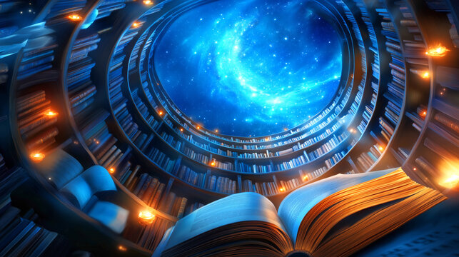 A captivating spiral library invites viewers into a world where books and glowing lights illuminate the way. Above, a starry night sky adds a magical touch to the atmosphere, inspiring wonder