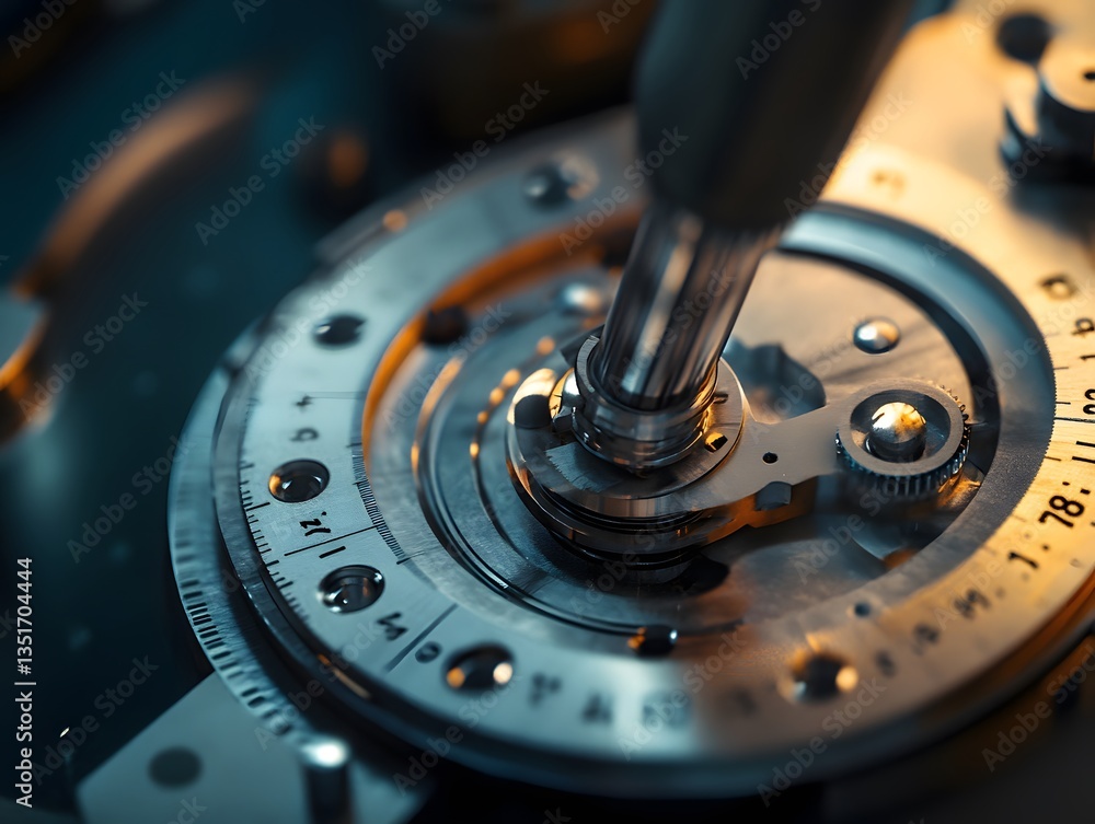 Poster close-up view of intricate machinery showcasing precision engineering, featuring metallic components
