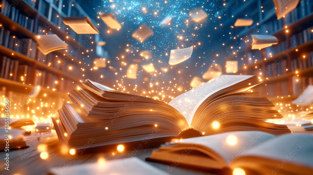 Poster an enchanting library scene features multiple open books emanating a warm glow. floating pages dance