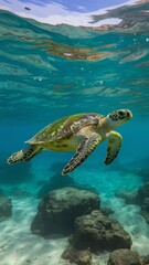 Naklejka premium Green sea turtle swimming underwater in clear blue ocean