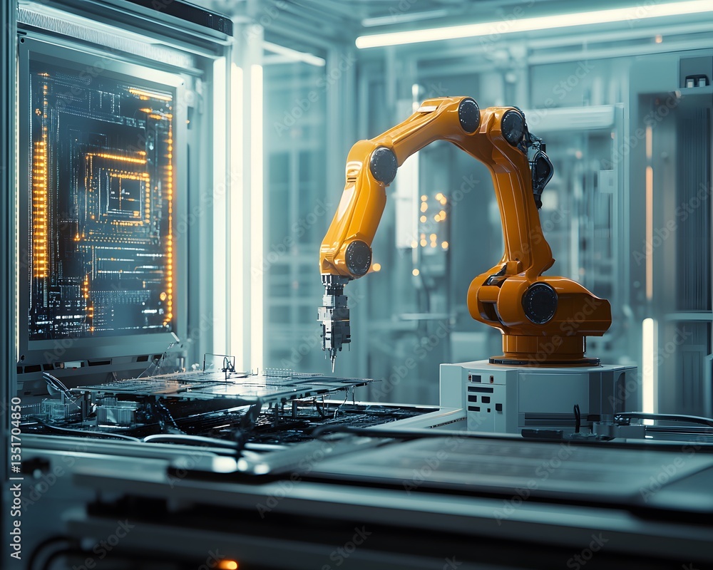 Poster high-tech robotic arm in an advanced manufacturing environment, showcasing automation and precision 