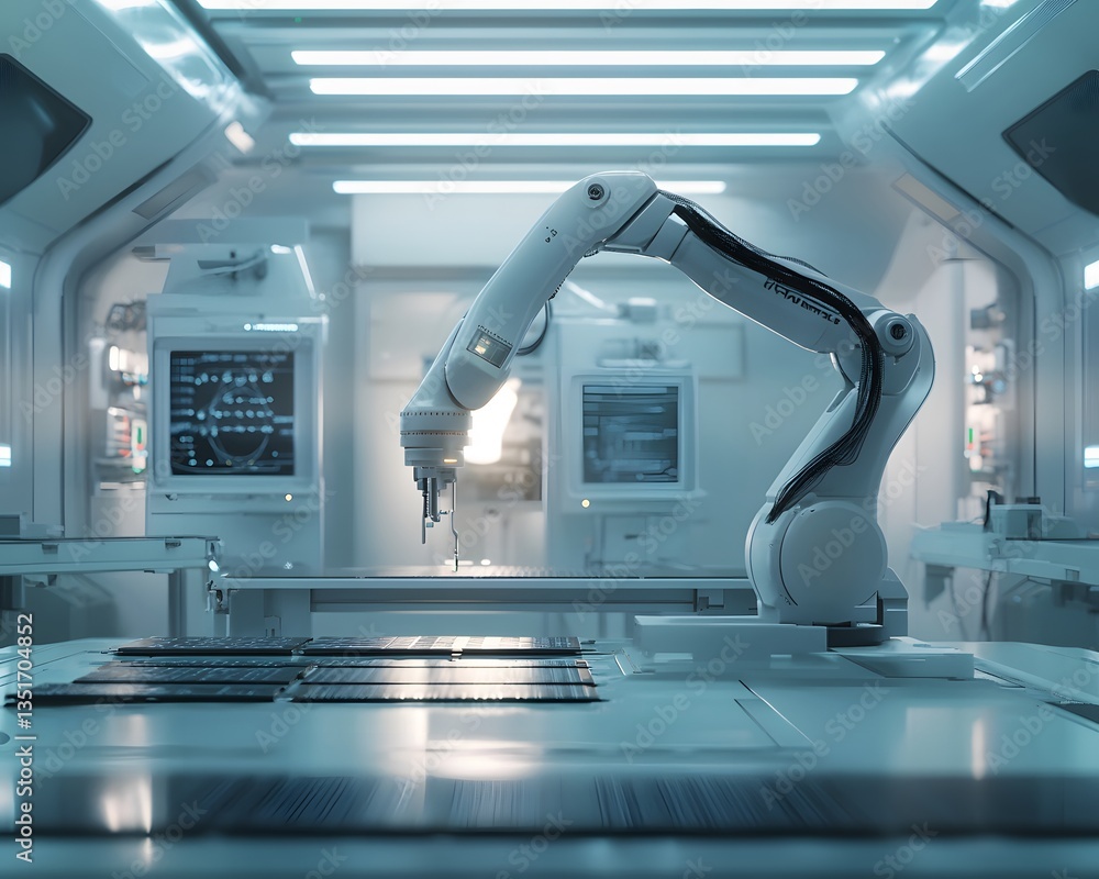 Poster futuristic robot arm in a high-tech laboratory, showcasing advanced automation and precision enginee