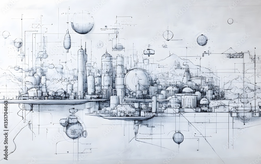 Poster futuristic urban skyline illustration showcasing innovative architecture, advanced technology, and i