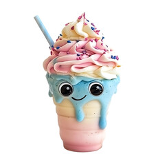 Naklejka premium Cute Smiling Dessert Cup with Straw and Colorful Frosting on Dark Background